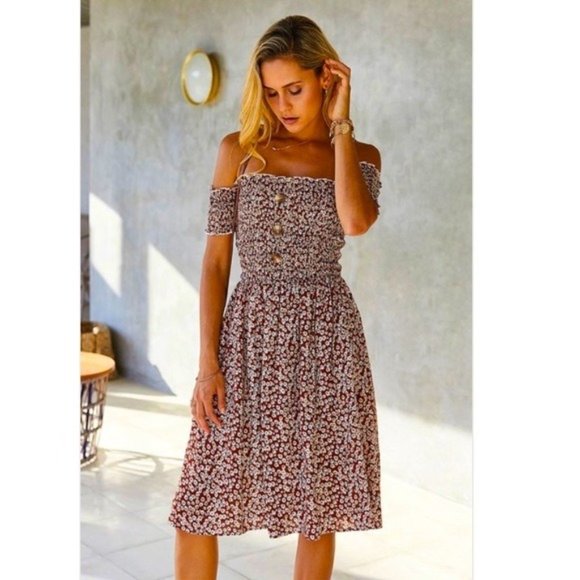 Penna&Pine Dresses & Skirts - Brown Floral Smocked Off the Shoulder Midi Dress